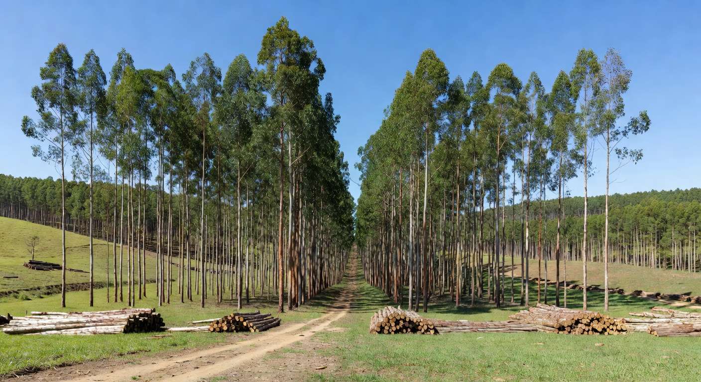 Plantação de eucaliptos no Brasil, ilustrando avanço científico na durabilidade da madeira para 50 anos.