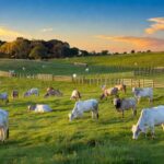 Rebanho de bois gordos em fazenda de São Paulo, representando preço recorde de R$ 360 por arroba.