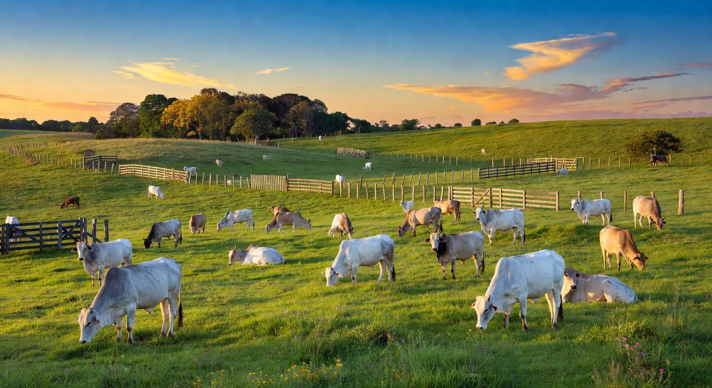 Rebanho de bois gordos em fazenda de São Paulo, representando preço recorde de R$ 360 por arroba.