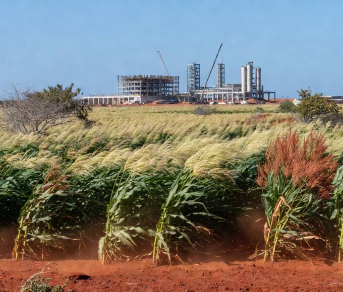 Plantação de milho e sorgo com usina de etanol ao fundo no Piauí, Brasil.