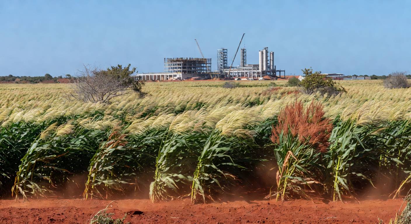 Plantação de milho e sorgo com usina de etanol ao fundo no Piauí, Brasil.