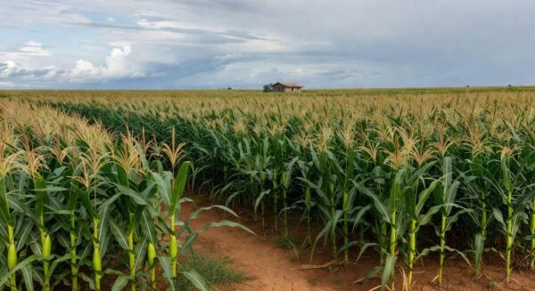 Plantação de milho no Centro-Oeste brasileiro, com espigas maduras e céu nublado, representando o mercado de commodities na B3.