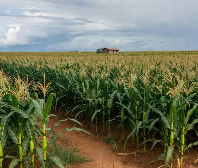 Plantação de milho no Centro-Oeste brasileiro, com espigas maduras e céu nublado, representando o mercado de commodities na B3.
