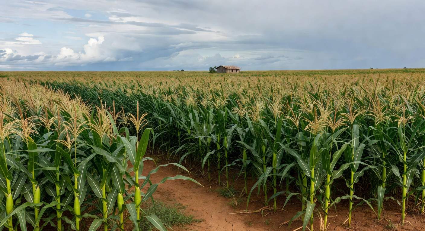 Plantação de milho no Centro-Oeste brasileiro, com espigas maduras e céu nublado, representando o mercado de commodities na B3.