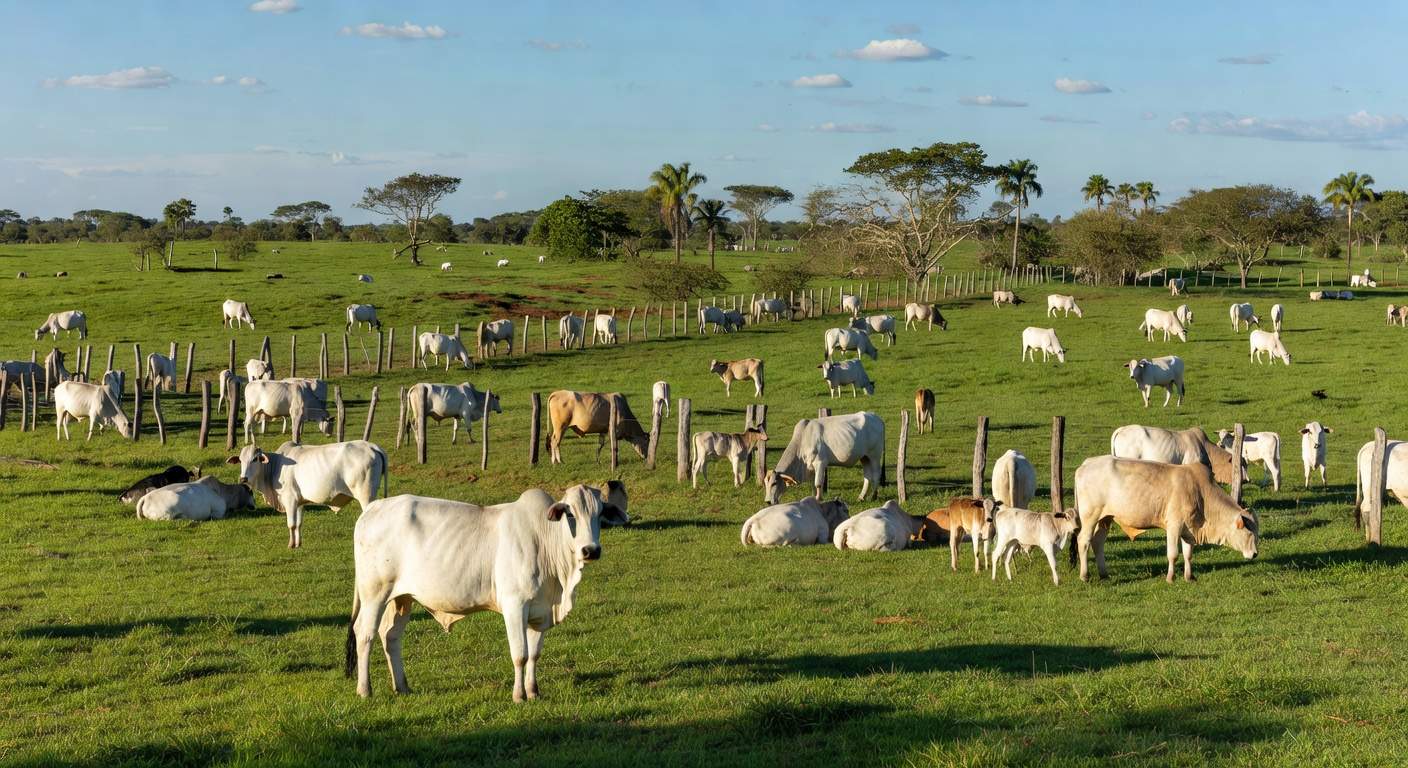 Rebanho de gado em fazenda brasileira, representando mercado de boi gordo estável e futuros na B3.