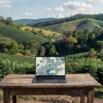 Paisagem rural em São Paulo com laptop exibindo mapa para cadastro ambiental rural online.