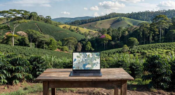 Paisagem rural em São Paulo com laptop exibindo mapa para cadastro ambiental rural online.