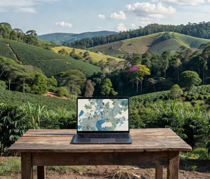 Paisagem rural em São Paulo com laptop exibindo mapa para cadastro ambiental rural online.