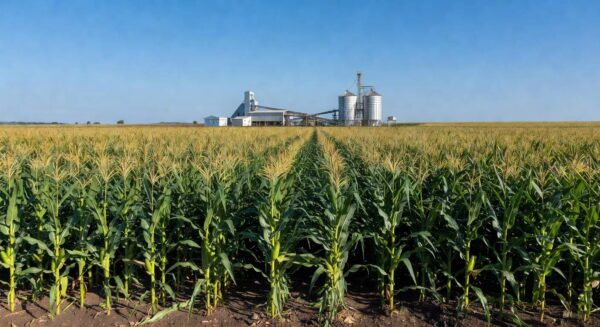 Plantação de milho em Ituiutaba com estruturas industriais ao fundo, representando ampliação de produção de sementes.