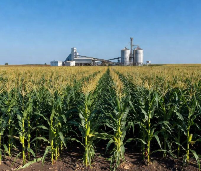 Plantação de milho em Ituiutaba com estruturas industriais ao fundo, representando ampliação de produção de sementes.