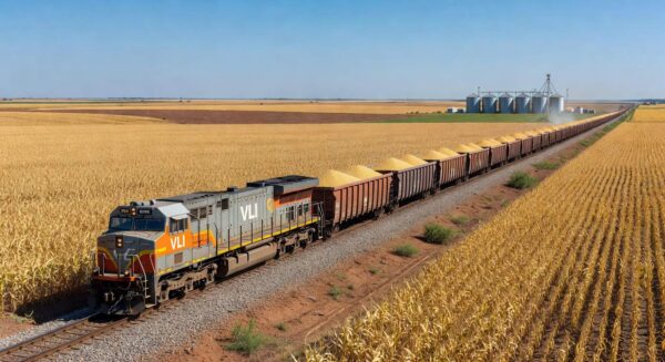 Trem de carga da VLI Logística transportando grãos em ferrovia no Brasil, recorde de 23 milhões de toneladas em 2025.