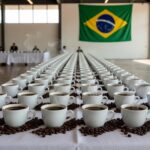 Mesa de degustação com xícaras de café no Campeonato Brasileiro de Cup Tasters 2026, ambientado no Brasil.