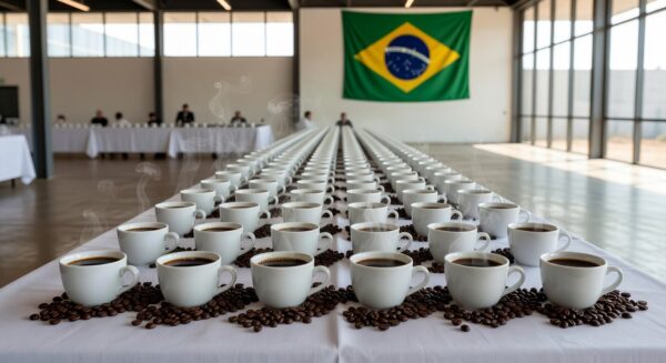 Mesa de degustação com xícaras de café no Campeonato Brasileiro de Cup Tasters 2026, ambientado no Brasil.