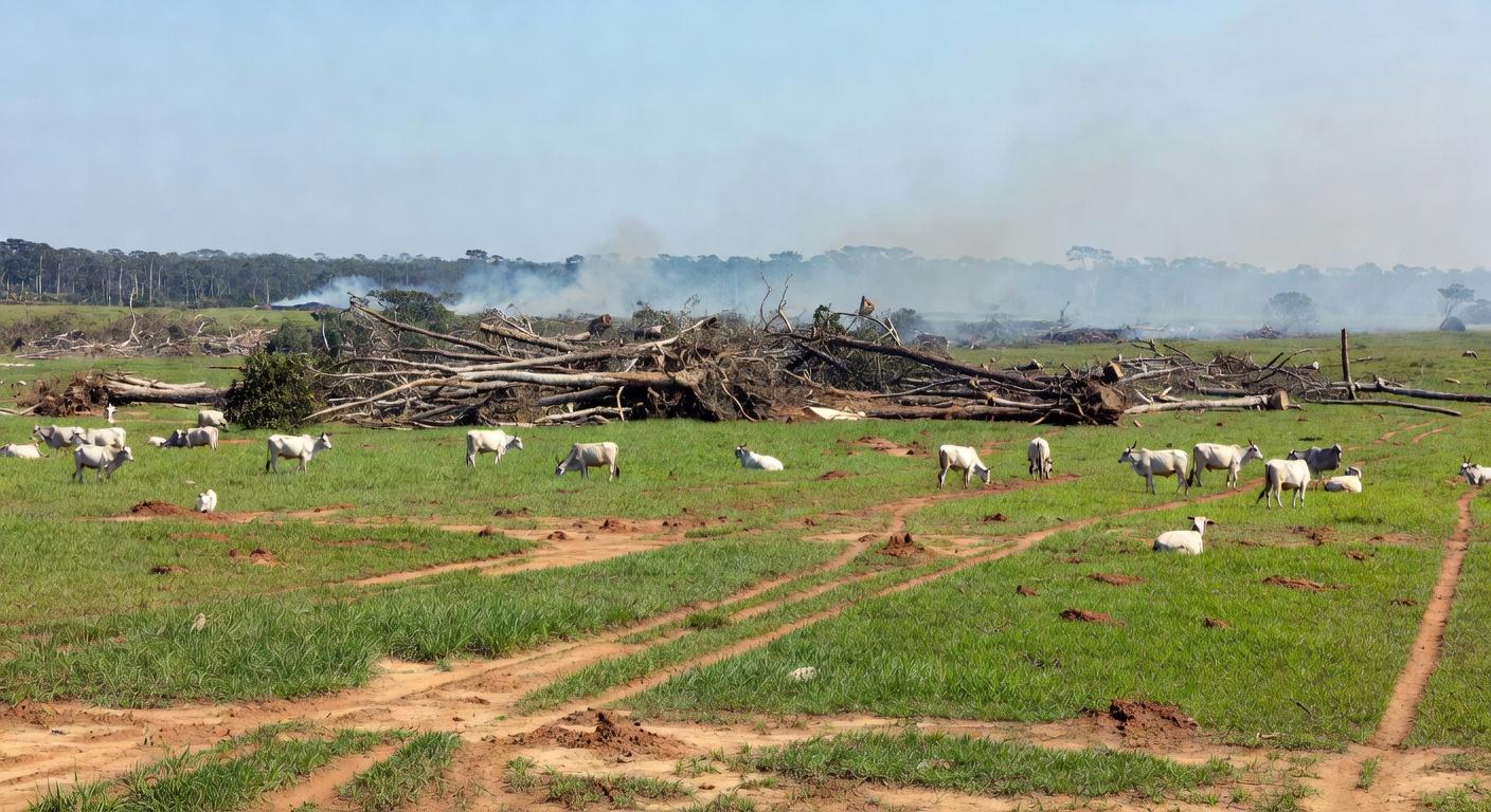 Área desmatada na Amazônia com gado bovino pastando, ilustrando impacto da produção de carne no desmatamento global.
