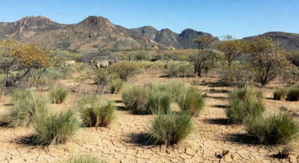 Paisagem do semiárido brasileiro com capim Buffel resistente à seca, transformando a pecuária local.