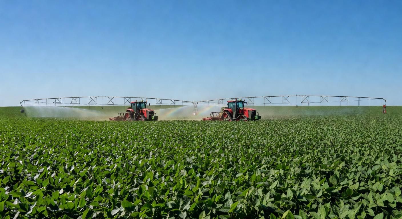 Paisagem rural brasileira com campos de soja, tratores e irrigação moderna, ilustrando aprovação de marco legal para trabalho rural.
