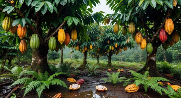 Plantação de cacau na Bahia, representando proposta de lei para rótulo de chocolate com 35% de cacau.