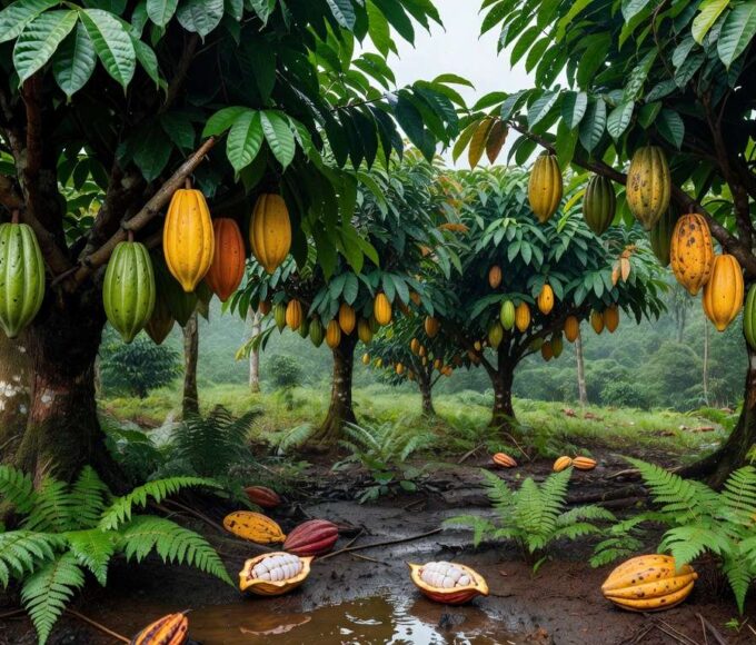 Plantação de cacau na Bahia, representando proposta de lei para rótulo de chocolate com 35% de cacau.