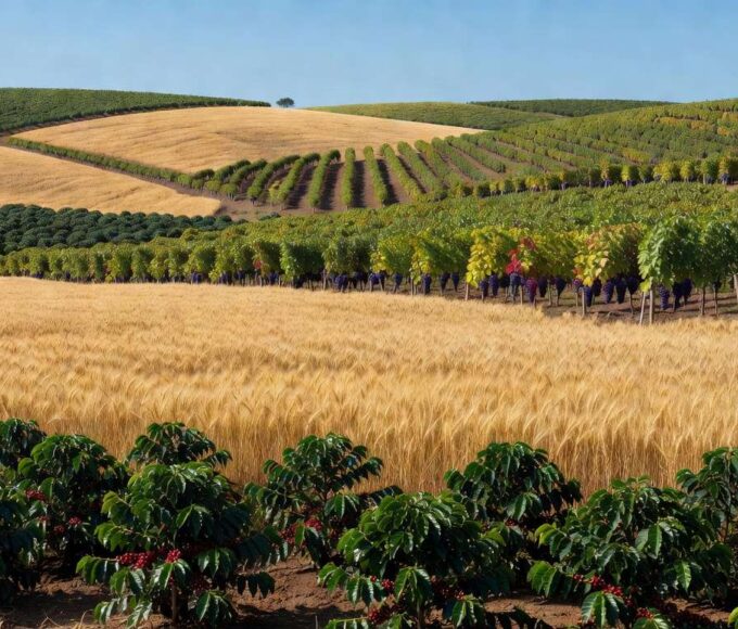 Plantação de café, trigo e uva no Brasil, representando aumento nos preços mínimos para safra 2026/2027.