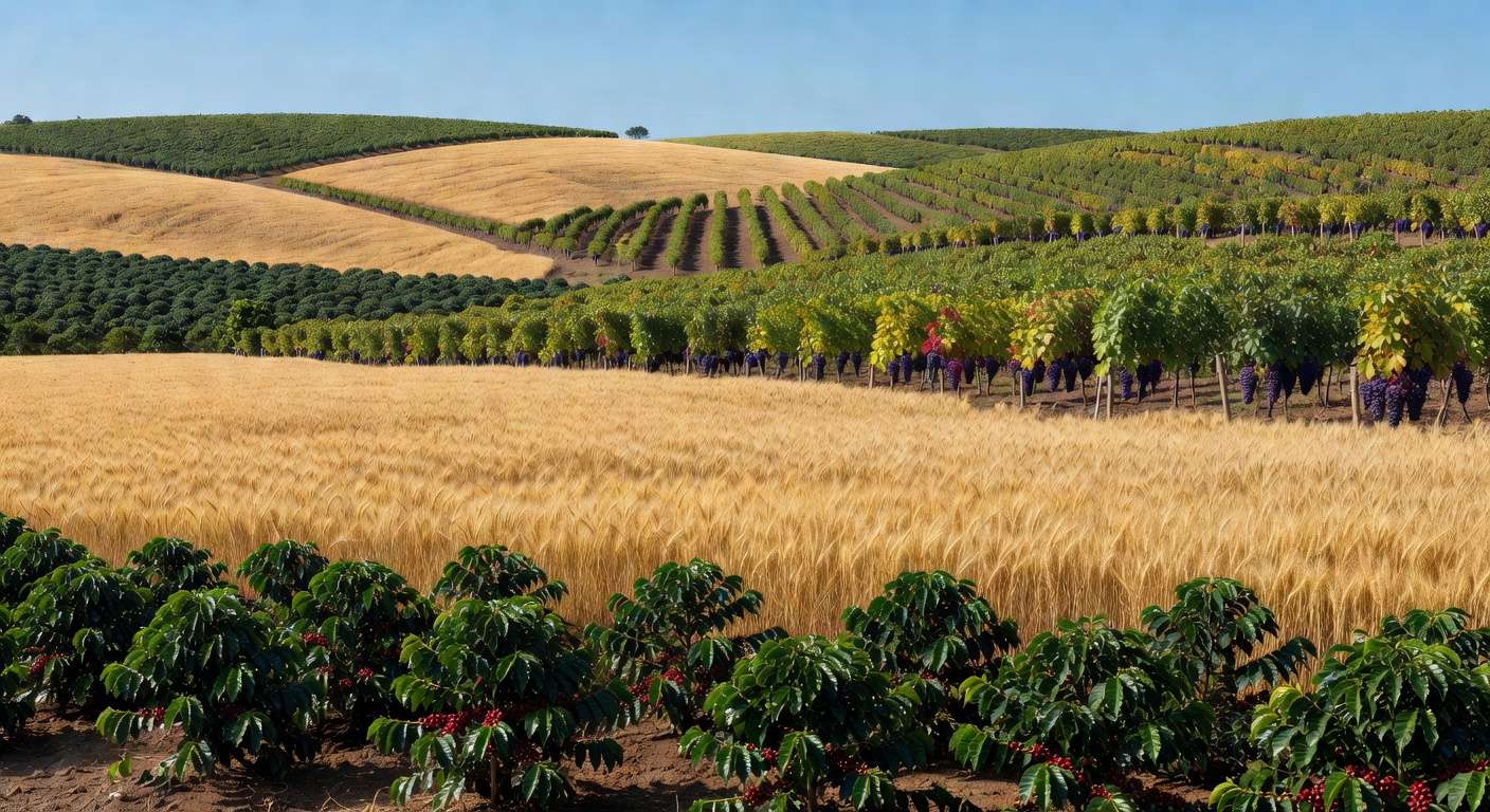 Plantação de café, trigo e uva no Brasil, representando aumento nos preços mínimos para safra 2026/2027.
