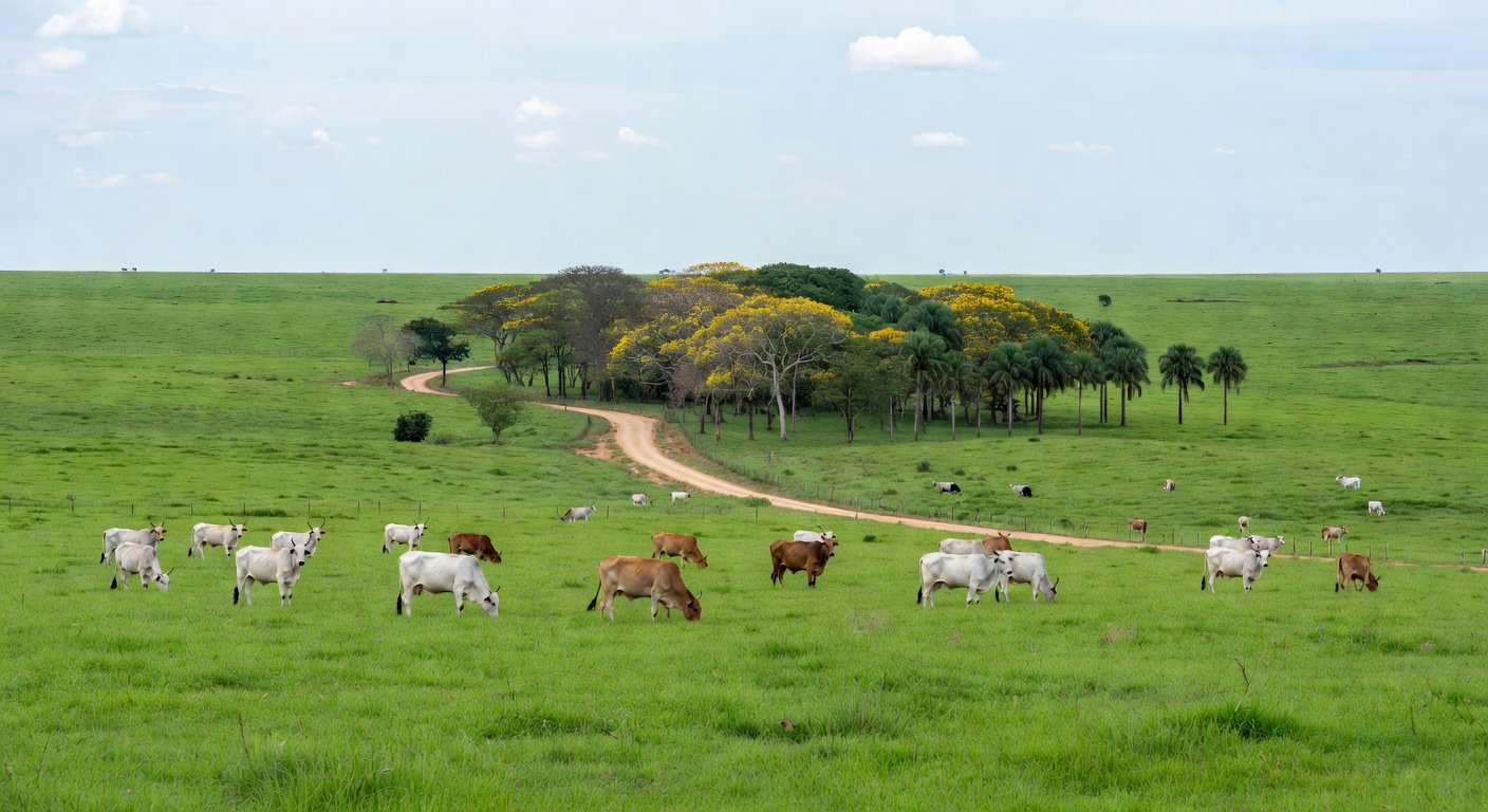 Paisagem rural brasileira com gado bovino em pastagem sustentável, representando plano de sustentabilidade na cadeia da carne.