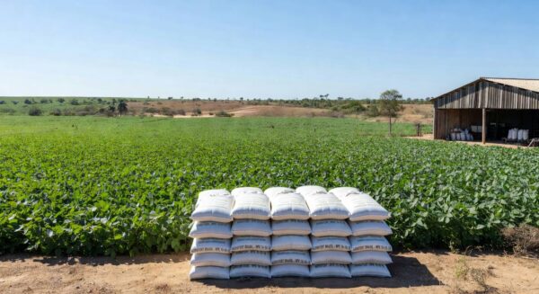 Plantação de soja no Brasil com sacos de fertilizantes, representando recomendação de suspensão de compras pelo Ministro da Agricultura.