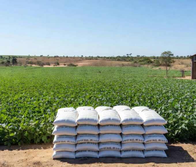 Plantação de soja no Brasil com sacos de fertilizantes, representando recomendação de suspensão de compras pelo Ministro da Agricultura.
