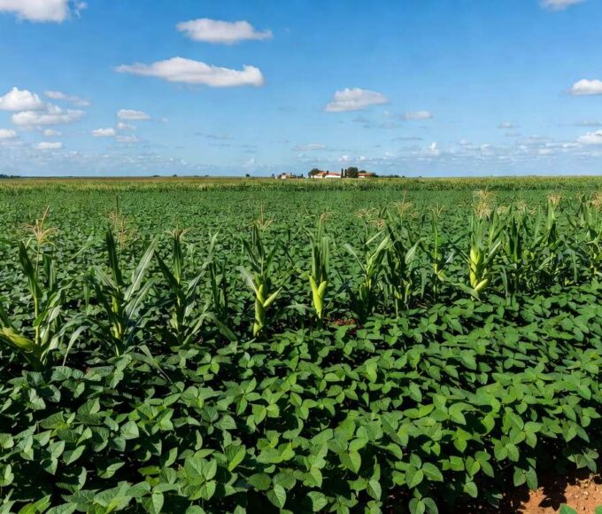 Lavouras de soja e milho no Brasil com bom desenvolvimento sob clima favorável, conforme relatório da Conab.