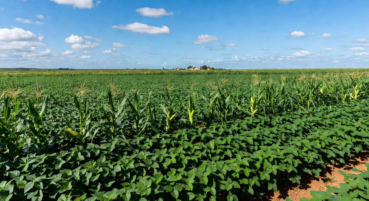 Lavouras de soja e milho no Brasil com bom desenvolvimento sob clima favorável, conforme relatório da Conab.