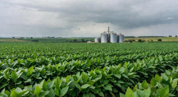 Campos de soja no Brasil, representando mercado travado com cotações mistas e dólar em queda.