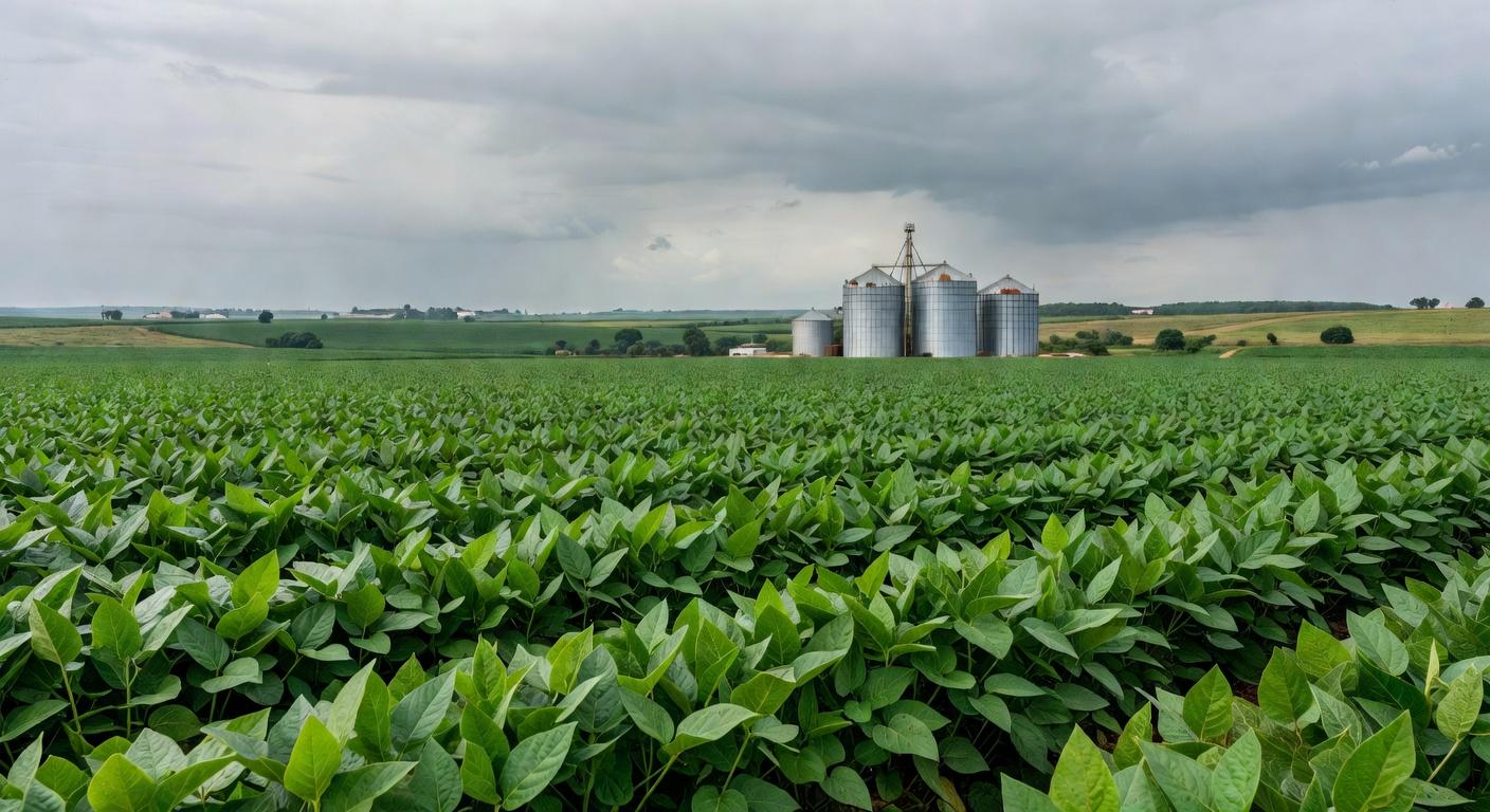 Campos de soja no Brasil, representando mercado travado com cotações mistas e dólar em queda.