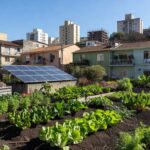 Horta das Corujas em terreno revitalizado na zona norte de São Paulo, com vegetais orgânicos e elementos sustentáveis.