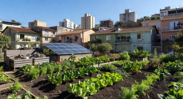 Horta das Corujas em terreno revitalizado na zona norte de São Paulo, com vegetais orgânicos e elementos sustentáveis.