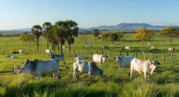 Rebanho de boi gordo em fazenda brasileira, representando preços firmes impulsionados por exportações à China.