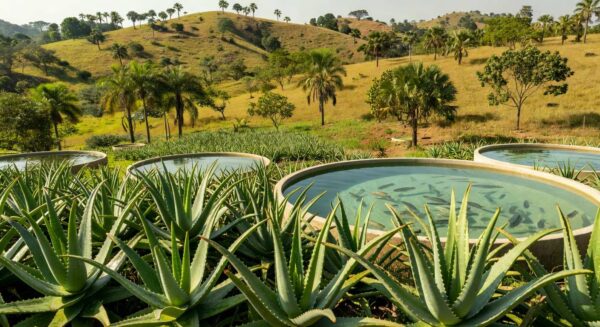 Plantação de Aloe vera e tanques de tilápias em estudo da Embrapa e UFPR sobre benefícios do extrato para peixes.