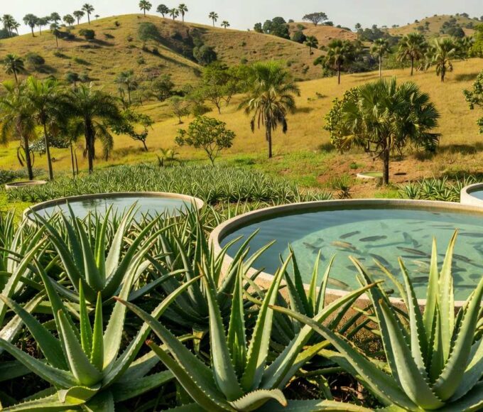 Plantação de Aloe vera e tanques de tilápias em estudo da Embrapa e UFPR sobre benefícios do extrato para peixes.