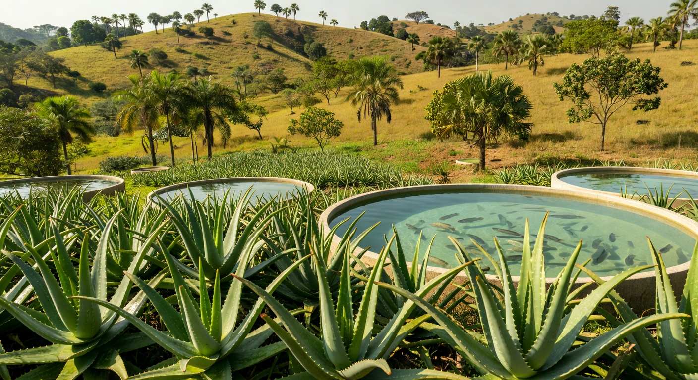 Plantação de Aloe vera e tanques de tilápias em estudo da Embrapa e UFPR sobre benefícios do extrato para peixes.