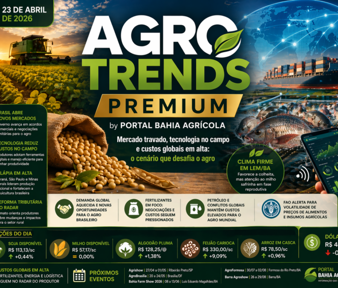 Soja sobe com mercado travado, milho pressionado e fertilizantes no radar global no AGRO TRENDS PREMIUM do Portal Bahia Agrícola.