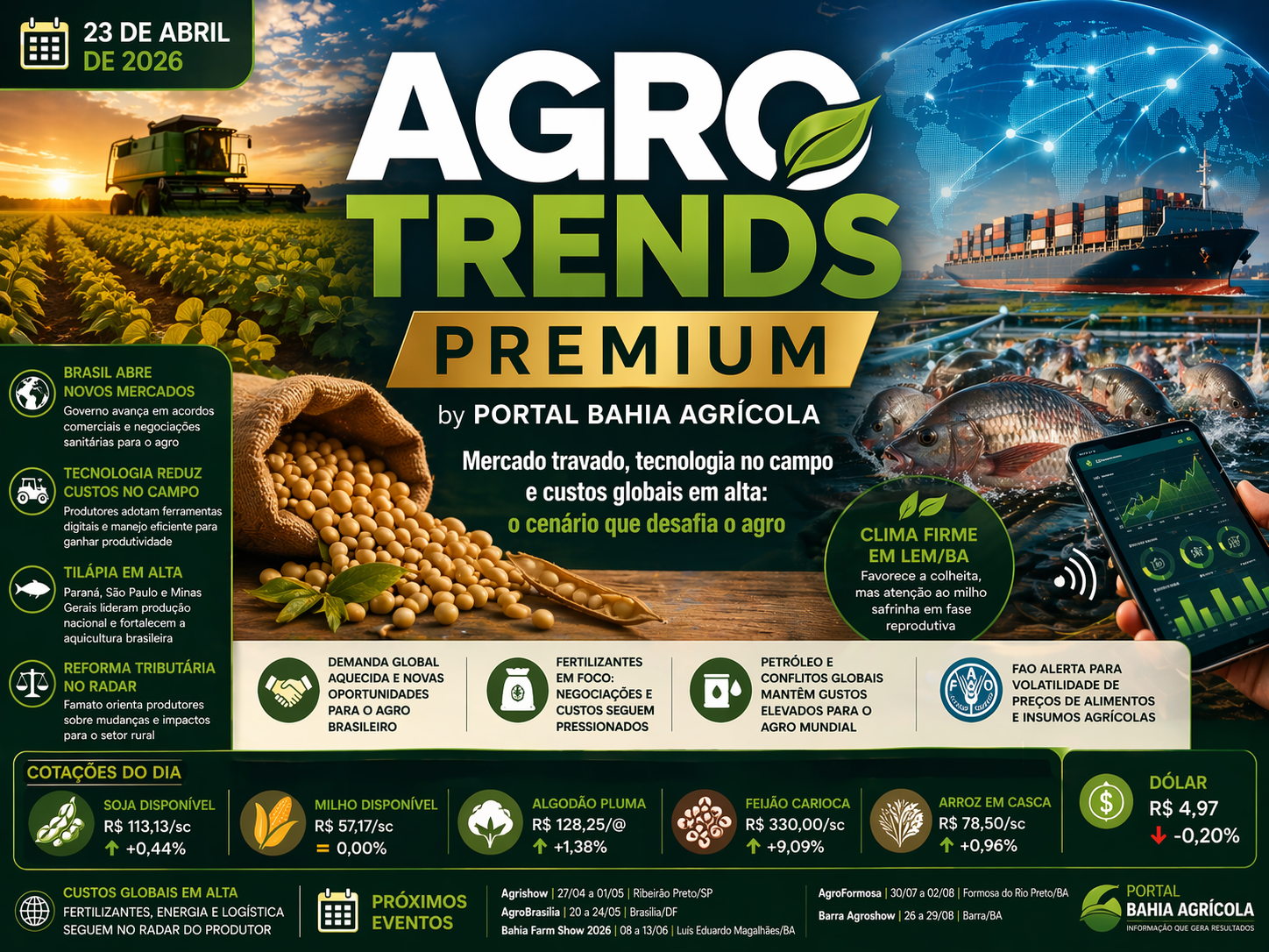 Soja sobe com mercado travado, milho pressionado e fertilizantes no radar global no AGRO TRENDS PREMIUM do Portal Bahia Agrícola.
