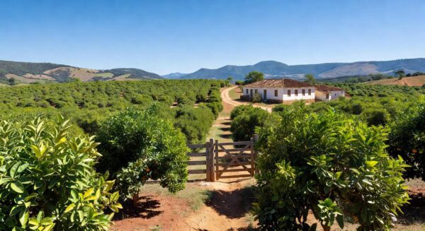 Pomar de laranjeiras em Minas Gerais representando cinturão contra greening na citricultura.