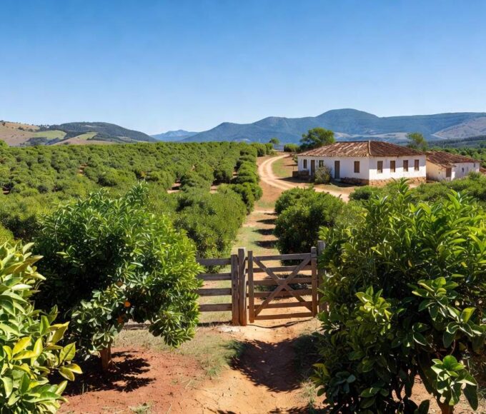 Pomar de laranjeiras em Minas Gerais representando cinturão contra greening na citricultura.
