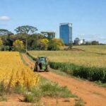 Paisagem rural brasileira com campos agrícolas e elementos ambientais, representando pedido de adiamento de regras para crédito rural.