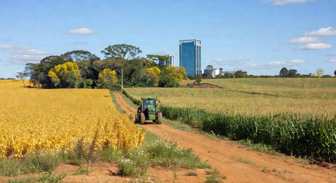 Paisagem rural brasileira com campos agrícolas e elementos ambientais, representando pedido de adiamento de regras para crédito rural.