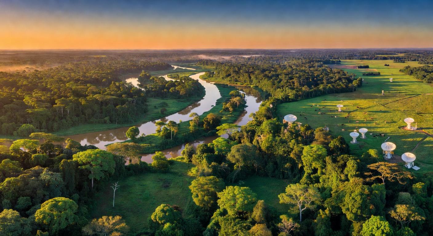 Paisagem da Floresta Amazônica com áreas de pastagem, representando impactos do Prodes para produtores rurais.