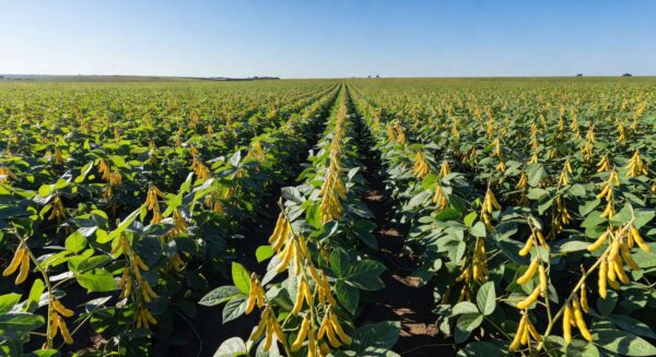 Campos de soja madura em lavoura brasileira, representando safra recorde de produção agrícola.