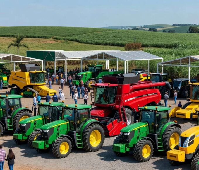 Feira Agrishow 2024 com máquinas agrícolas e campos no interior de São Paulo, expressando otimismo no agro brasileiro apesar de desafios.