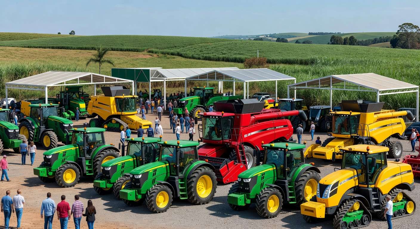 Feira Agrishow 2024 com máquinas agrícolas e campos no interior de São Paulo, expressando otimismo no agro brasileiro apesar de desafios.