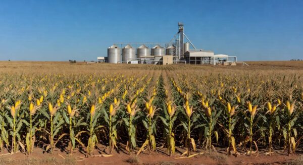 Plantação de milho no Brasil com usina de etanol ao fundo, ilustrando produção acelerada de etanol.