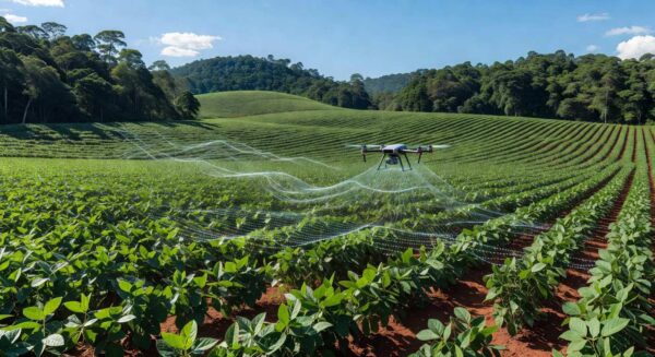 Imagem de plantação agrícola no Brasil com drone para geoprocessamento e IA no aprimoramento do CAR.