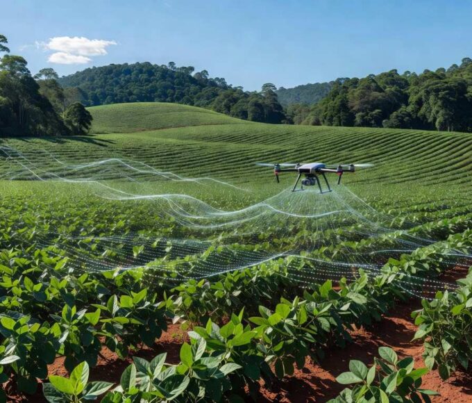 Imagem de plantação agrícola no Brasil com drone para geoprocessamento e IA no aprimoramento do CAR.